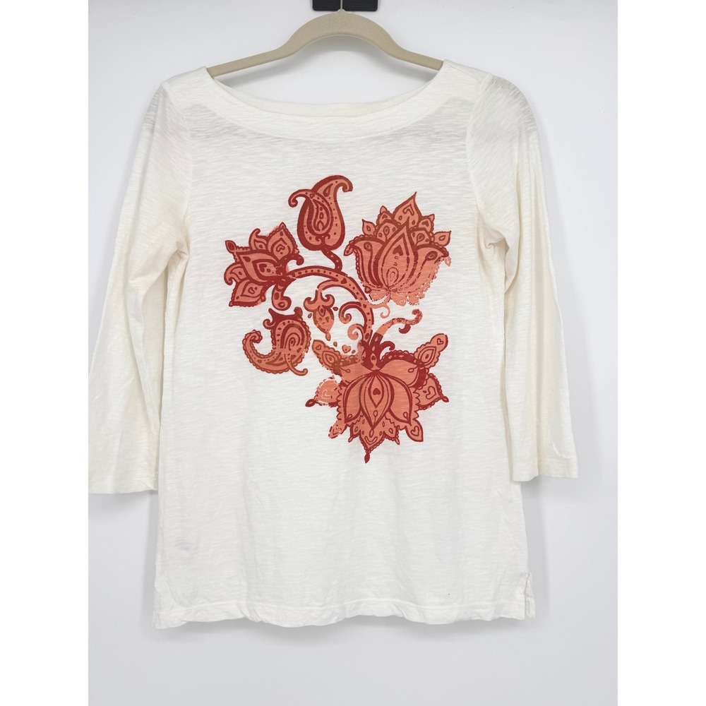 Loft Outlet Womens XS White Cotton 3/4 Sleeve Paisley Floral Graphic Tee